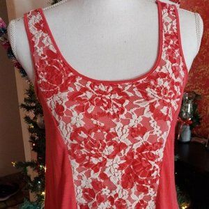 DEREK HEART - Pink Coral Floral Lace Tunic Camisole Sz M Tank Top